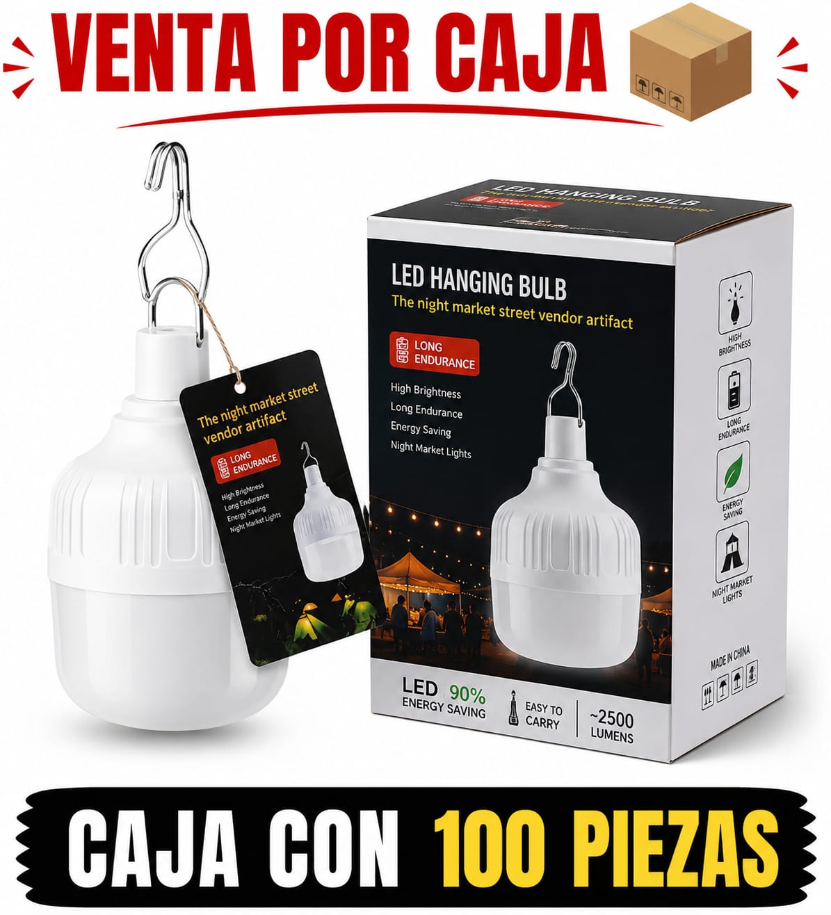 FOCO RECARGABLE CAJA NEGRA 60W / CAJA CON 100 PIEZAS