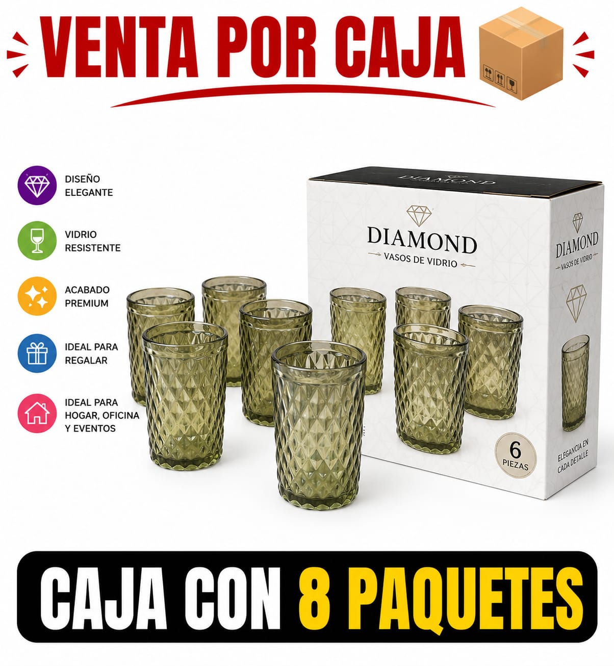 PAQ. 6 VASOS DE VIDRIO / CAJA CON 8 PAQUETES