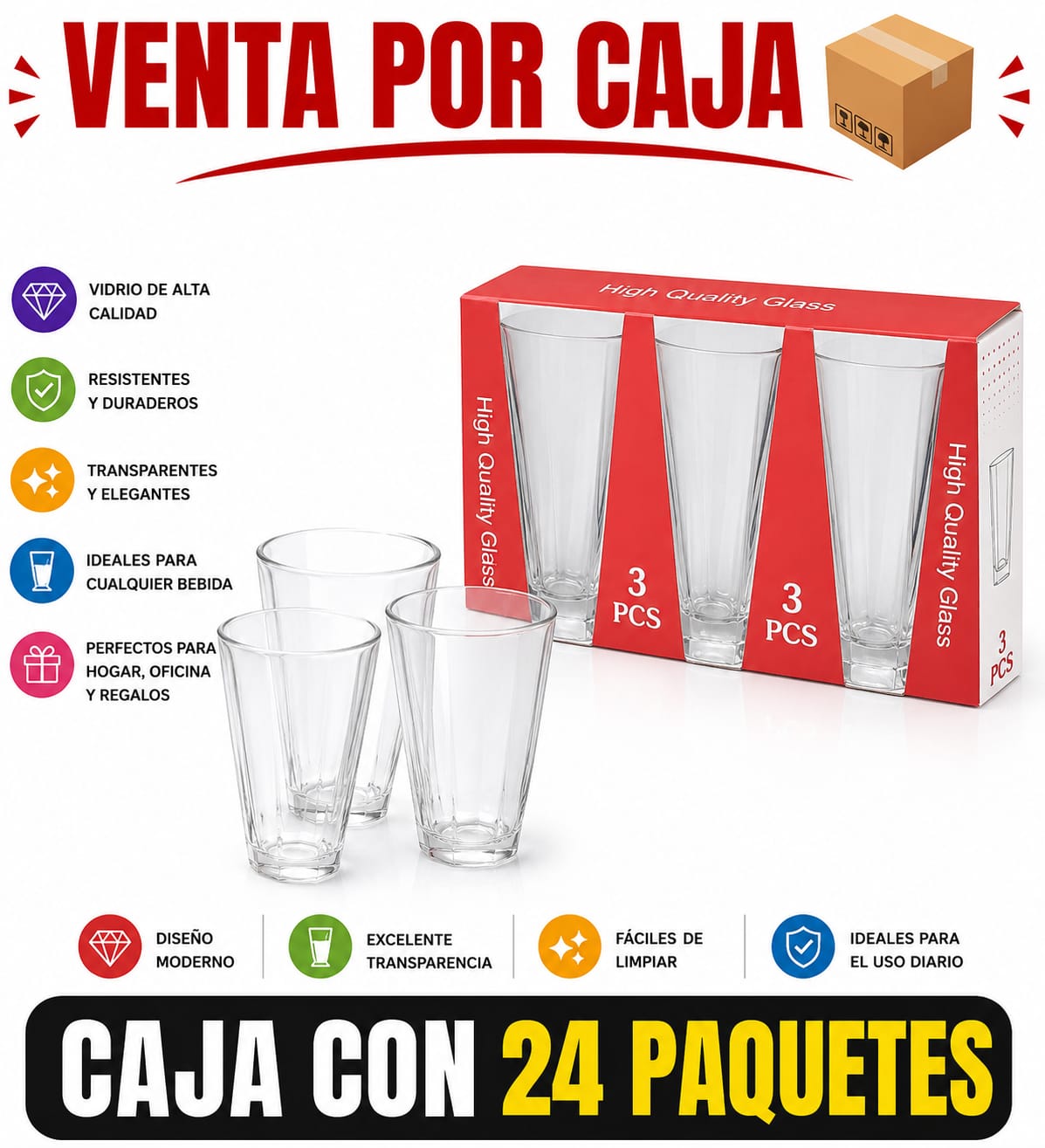 VASO DE VIDRIO 3PCS / CAJA CON 24 PAQUETES