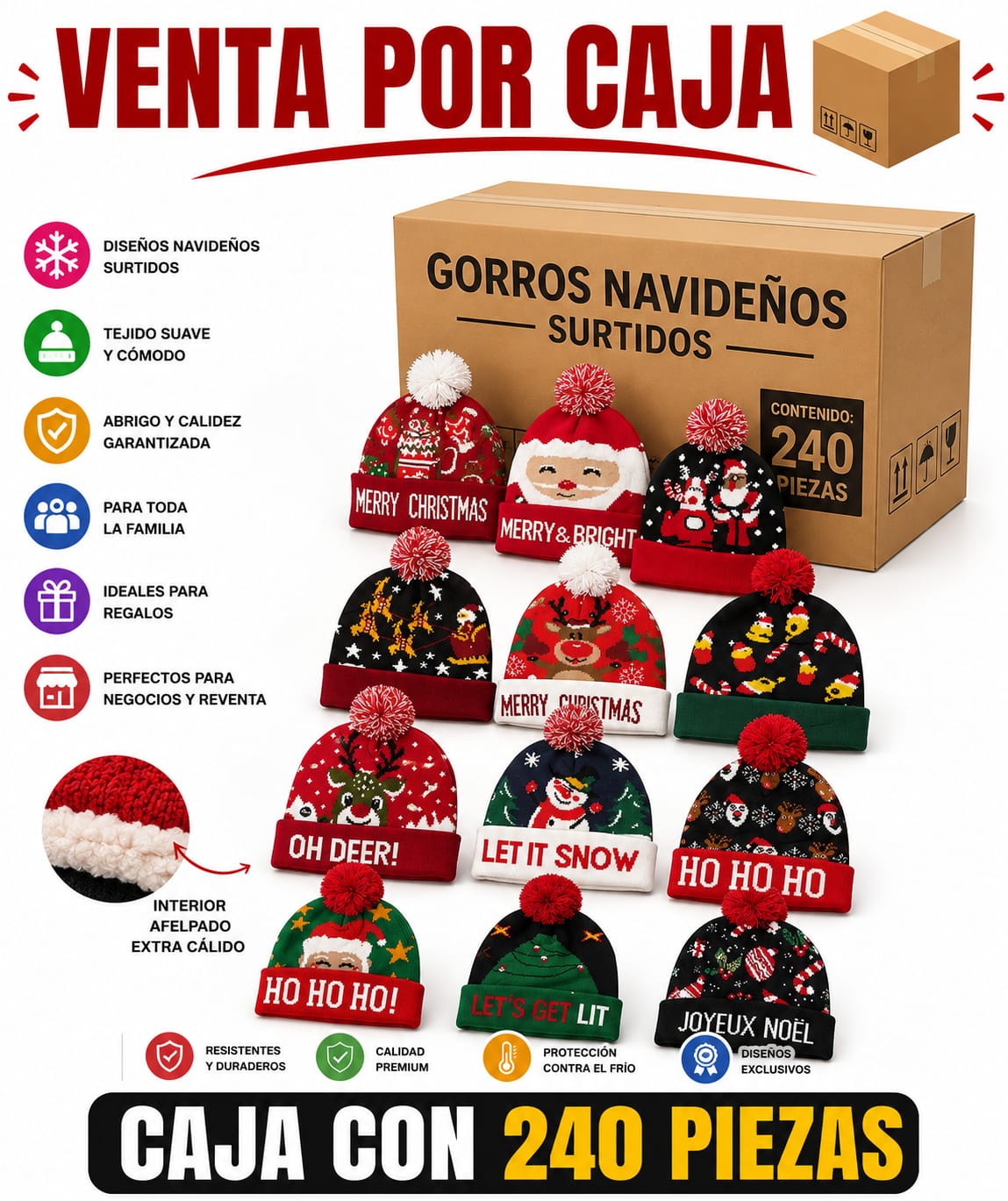 GORRO NAVIDEÑO CON LUZ / CAJA CON 240 PIEZAS